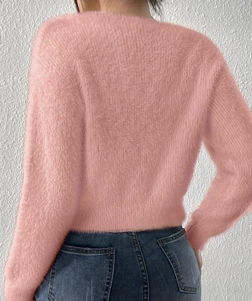Cardigan grande de vison sintético com decote em V – mistura de acrílico felpudo com punhos canelados (P-GG, rosa/vermelho de inverno, essencial para o estilo boho streetwear)_voghion.com