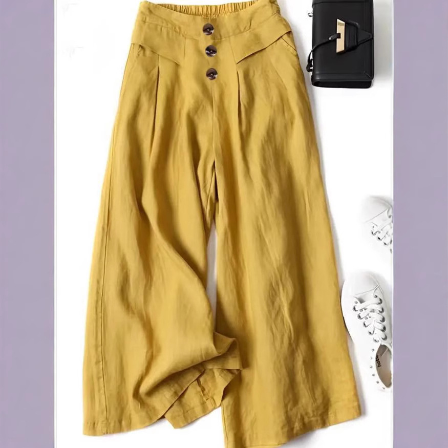 [Ready Stock Wholesale] Cotton and Linen Wide-Leg Culottes for Women, Loose, Semi-Elastic, High-Waisted and Slimming Look