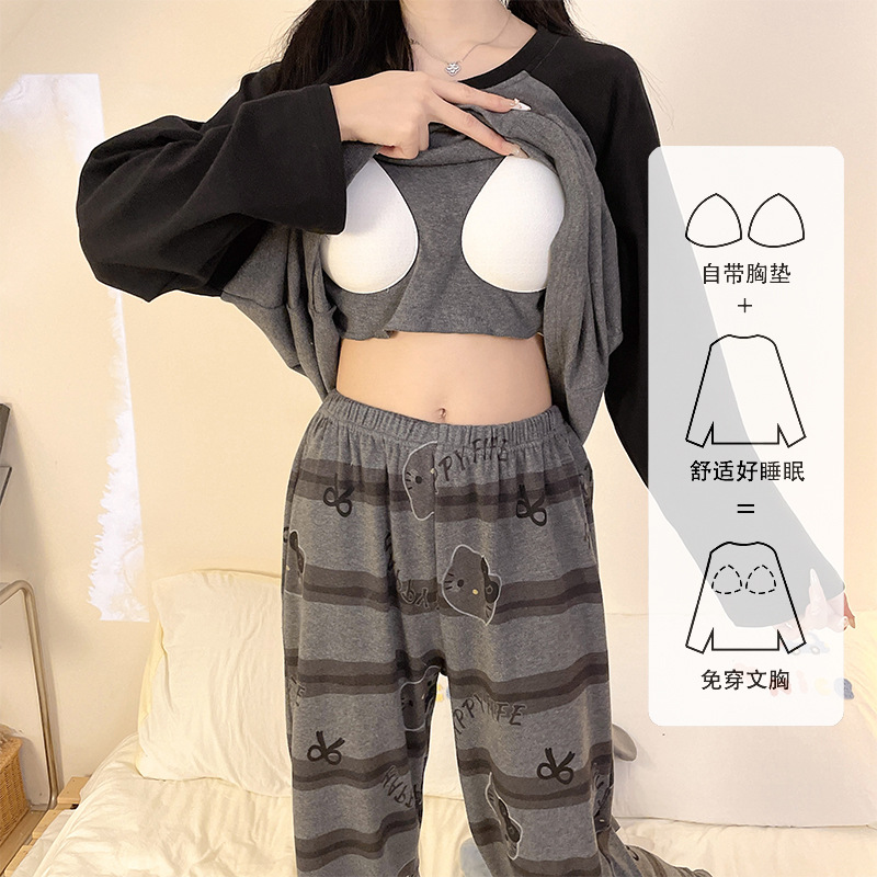 Lazy Pajamas for Women with Breast Pads 2025 New Spring and Autum Suits Round Neck High-End Pregnant Women Fat mm Can Be Worn Outside