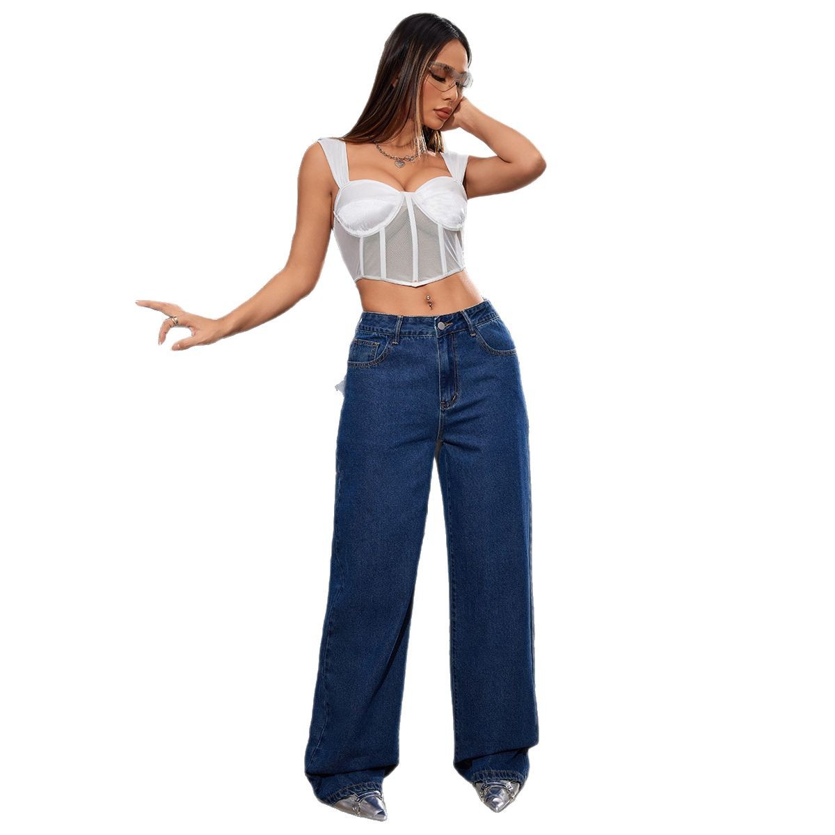 Women's Clothing Retro Dark Blue Washed Trendy Jeans High Waist Straight Pants Slim Fit High Floor Length Trousers_mkmklike.com