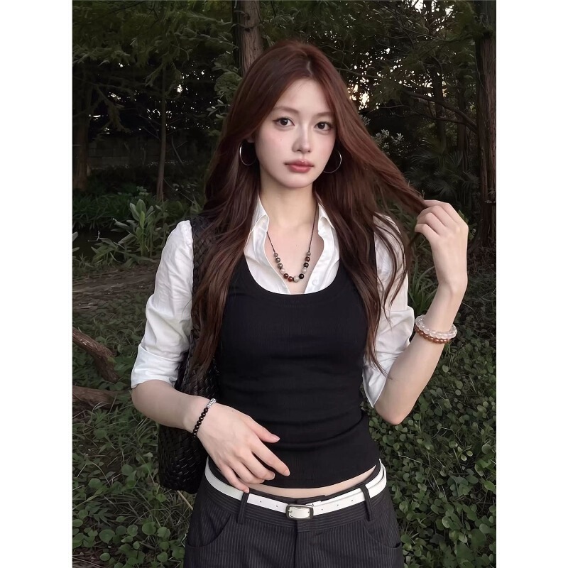 Women's early autumn French-style top, faux two-piece, long-sleeved, waist-cinching, super stylish shirt with a luxurious and elegant vibe