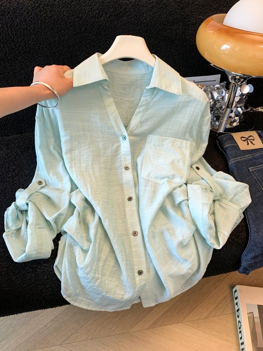 Áo sơ mi chống nắng nữ dài tay dáng rộng chất liệu linen thoáng mát — xanh lam chi tiết 10