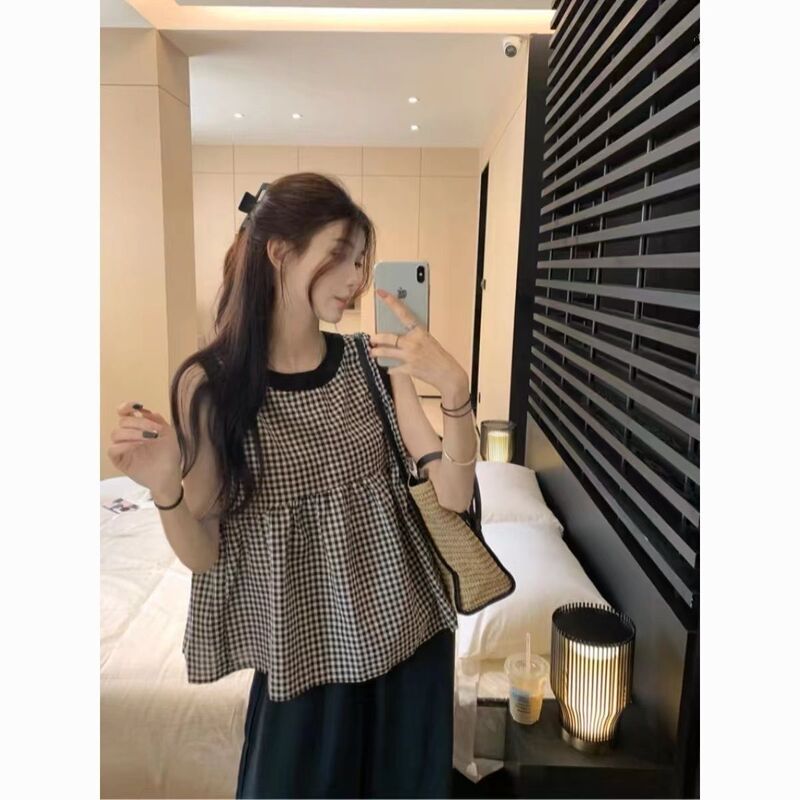 Cake Shirt Women's Age-Reducing Baby Doll Shirt Loose Slimming Black and White Plaid Back Lace-Up Sleeveless Top Pullover Shirt Cake Shirt Women's Age-Reducing Baby Doll Shirt Loose Slimming Black and White Plaid Back Lace-Up Sleeveless Top Pullover Shirt