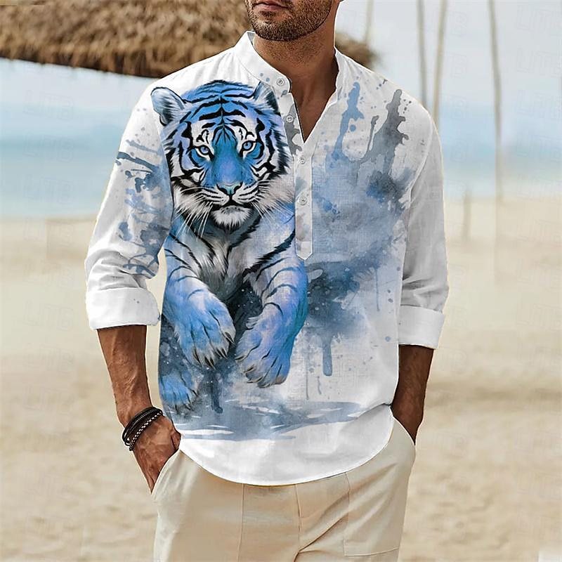 European and American hot 3D tiger printed long-sleeved T-shirt foreign trade summer new fashion personality stand collar button shirt