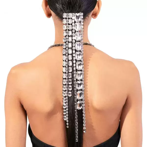 Cross-Border European and American Long Tassel Square Rhinestone Hair Chain Hair Comb Shiny Full Diamond Bridal Wedding Long Hairband Hair Accessories for Women