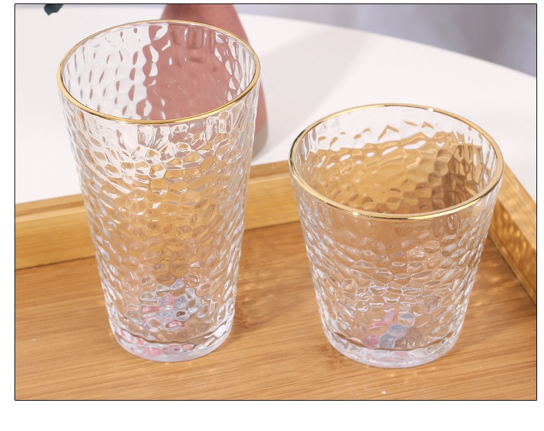 餐杯金边锤纹玻璃水杯家用早餐锤纹水杯花茶杯加厚玻璃杯批发详情14