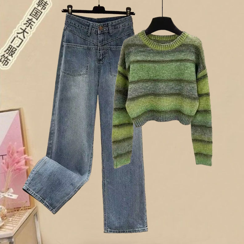 Korean Fashion Petite Suit Autumn and Winter New Color-Blocking Gradient Striped Sweater Retro Straight-Leg Slimming Jeans