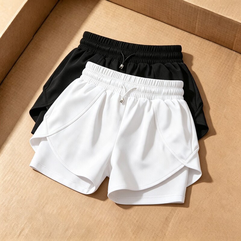 Women's elastic drawstring sports shorts, faux two-piece, anti-exposure, with side pockets, for fitness, outdoor yoga, and training Women's elastic drawstring sports shorts, faux two-piece, anti-exposure, with side pockets, for fitness, outdoor yoga, and training