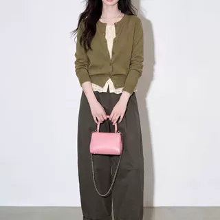 绿色假两件长袖针织上衣灯笼裤子ootd松弛感穿搭套装女装早秋