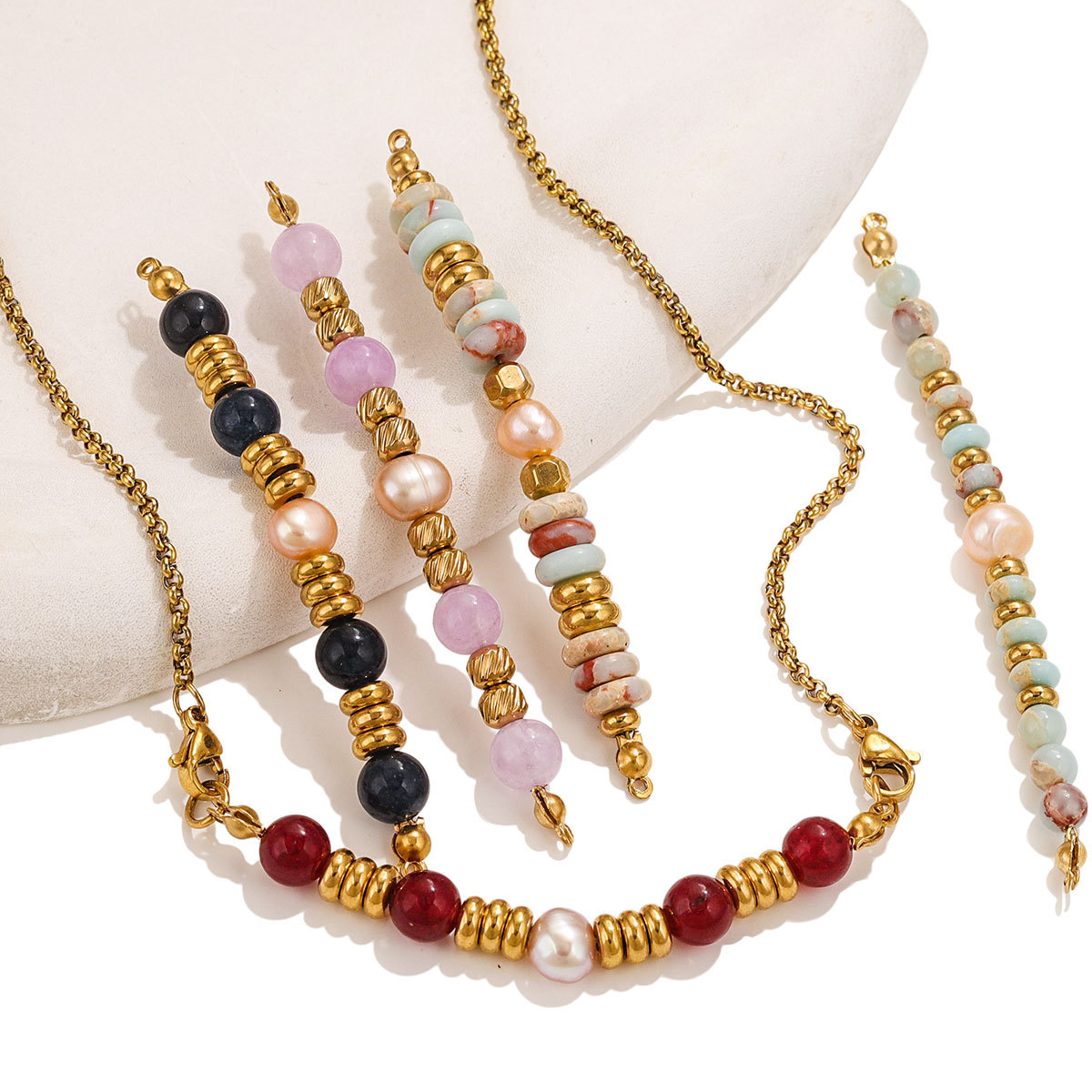 Perlas de piedra natural con cuentas de bricolaje de acero inoxidable, joyería al por mayor de color retro de nicho europeo y americano, colgante de doble orificio