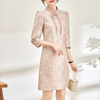 2401605-春季新品重工金丝浮雕油画提花显瘦收腰连衣裙子女装遮肉