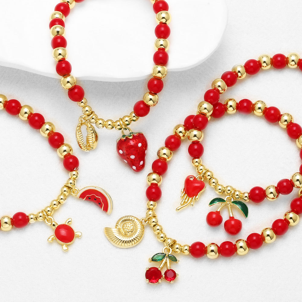 Plating Design Cute Classic Style Cherry Strawberry Watermelon Acrylic Copper Beaded Chain Beaded Bracelets Wholesale
