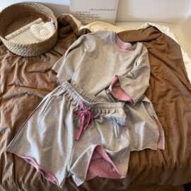 灰色拼粉边春秋款柔软舒适圆领长袖短裤睡衣两件套家居服套装女