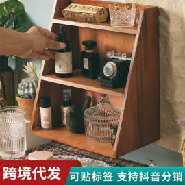 日式实木复古收纳架 桌面三层置物架 化妆品收纳柜多层可挂储物盒