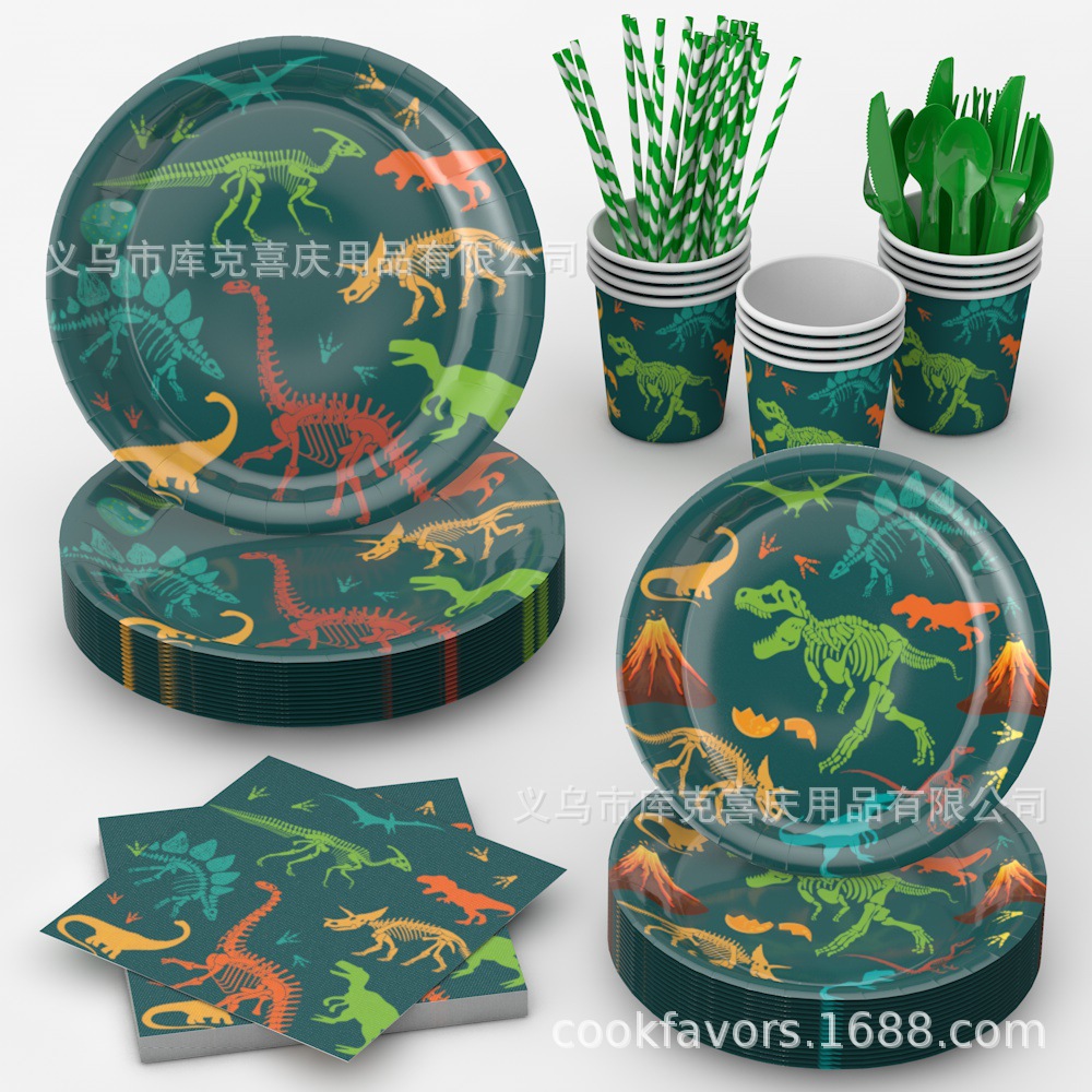 Dinosaurios fósiles transfronterizos tema de fiesta de cumpleaños decoraciones bandeja de papel de cumpleaños para niños tazas de papel toallas de papel set de cubiertos