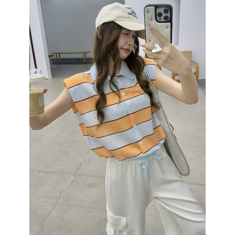 2026 Summer New Style Dtu Korean Style Loose Polo Collar Contrast Stripes Single-Breasted Sleeveless Drawstring Knitted Vest