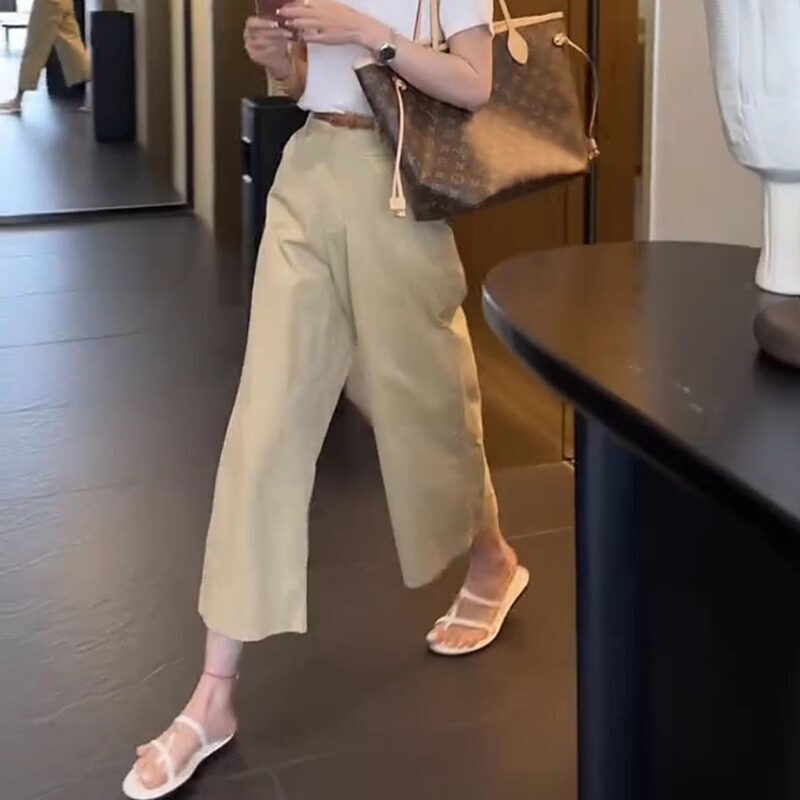 Petite Women's Washed Cotton Work Pants, Summer Thin Style, Flattering for Pear-Shaped Body, Slimming, Cropped Straight Wide-Leg Dress Pants Petite Women's Washed Cotton Work Pants, Summer Thin Style, Flattering for Pear-Shaped Body, Slimming, Cropped Straight Wide-Leg Dress Pants
