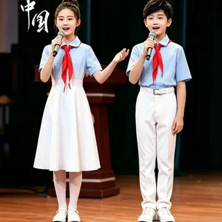 新款儿童合唱演出服松花江上蓝色爱国服装男女童朗诵演讲比赛服装