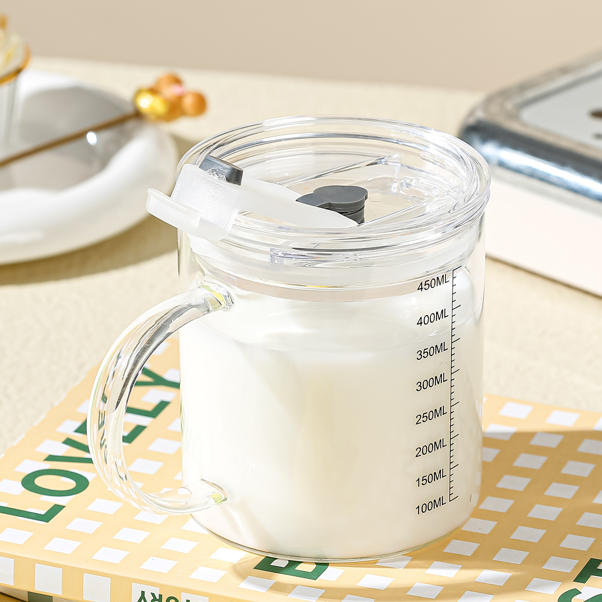 Chica creativa corazón tulipán paja de vidrio con tapa escala regalo desayuno lindo gato taza leche