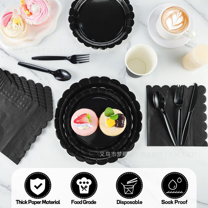 国境を越えた売れ筋の黒の使い捨て厚紙皿子供の誕生日や結婚式のパーティー使い捨て食器セット|undefined
