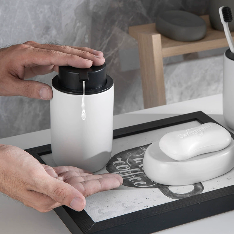 Ceramic Bathroom Set, 4-piece container set — soap dish, pump bottle, toothbrush holder, rinsing cup