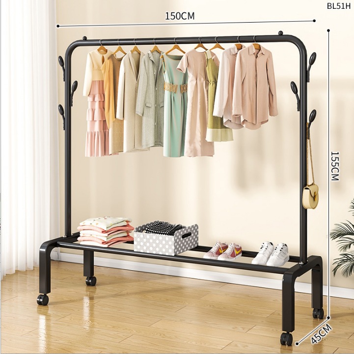 BL51H-wrought 아이언 코트 랙 싱글 로드 6 코트 후크 휠 150