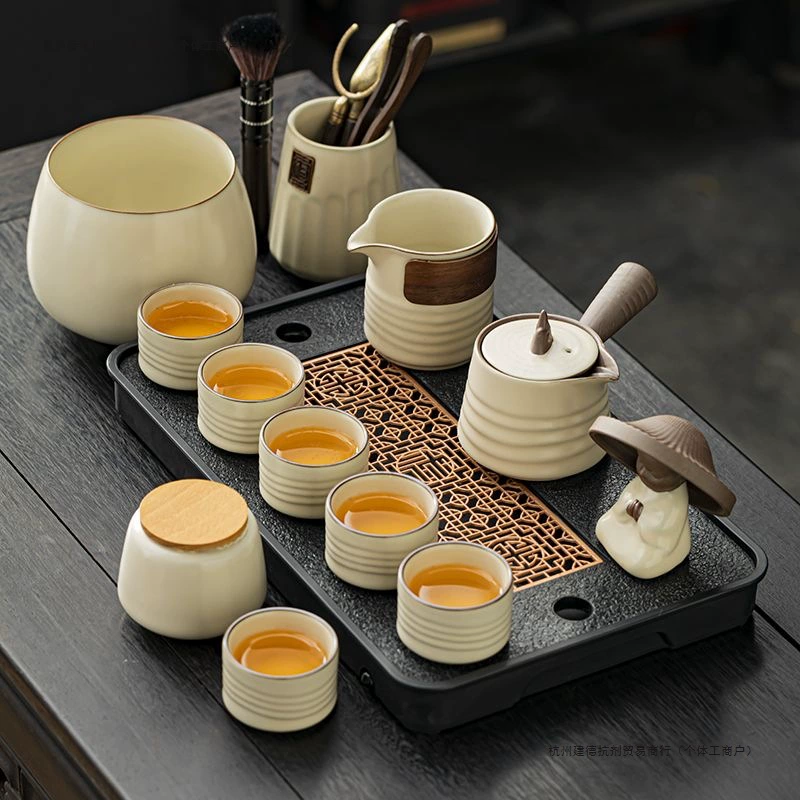 Бежевый чайный сервиз Ru Kiln Kung Fu, легкий роскошный офисный прием, керамический домашний высококачественный чайник с боковой ручкой, подарочная коробка.