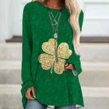 跨境欧美女装套头衫爱尔兰圣帕特里克节三叶草3D印花长袖女式T恤