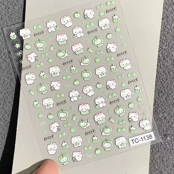 Cute Green Apple Kitten Four-Leaf Clover Embossed Lighter Water Cup Ccd Phone Case DIY Decoration Nail Art Stickers