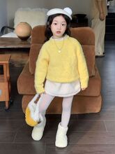 韩国女童可爱2024秋冬新款暖黄色毛绒上衣女宝宝白色百搭毛绒半裙