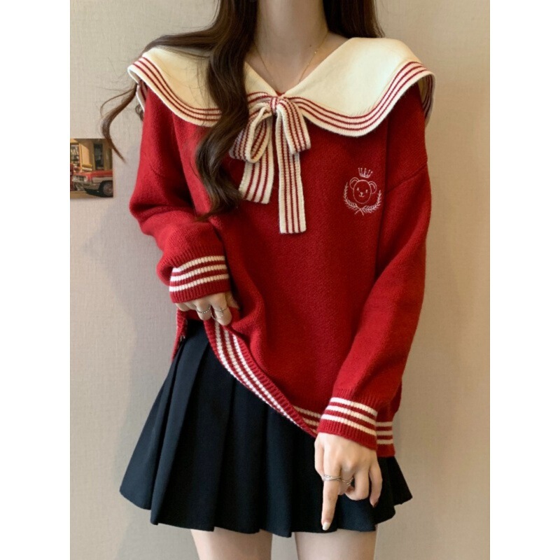 Autumn and Winter New Navy Collar Knitwear Women's Loose Slimming Look Versatile Knitwear Jacket Sweet Versatile Preppy Style Top