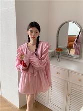 春夏季新款韩系chic甜美减龄可爱设计感荷叶边v领粉色衬衫女上衣