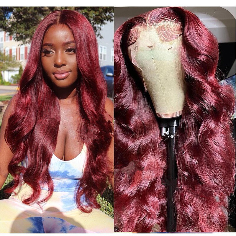 Hand-Woven Long Curly Wig European and American Ladies Long Curly Hair Front Lace Burgundy Big Wave Chemical Fiber Wig Headgear Wi