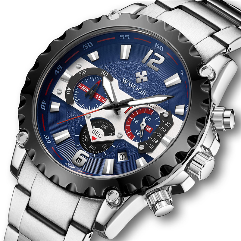 WWOOR hold Love 8880 reloj de cuarzo de correa de acero inoxidable para hombre reloj de pulsera de código de sincronización de calendario multifunción de seis pines
