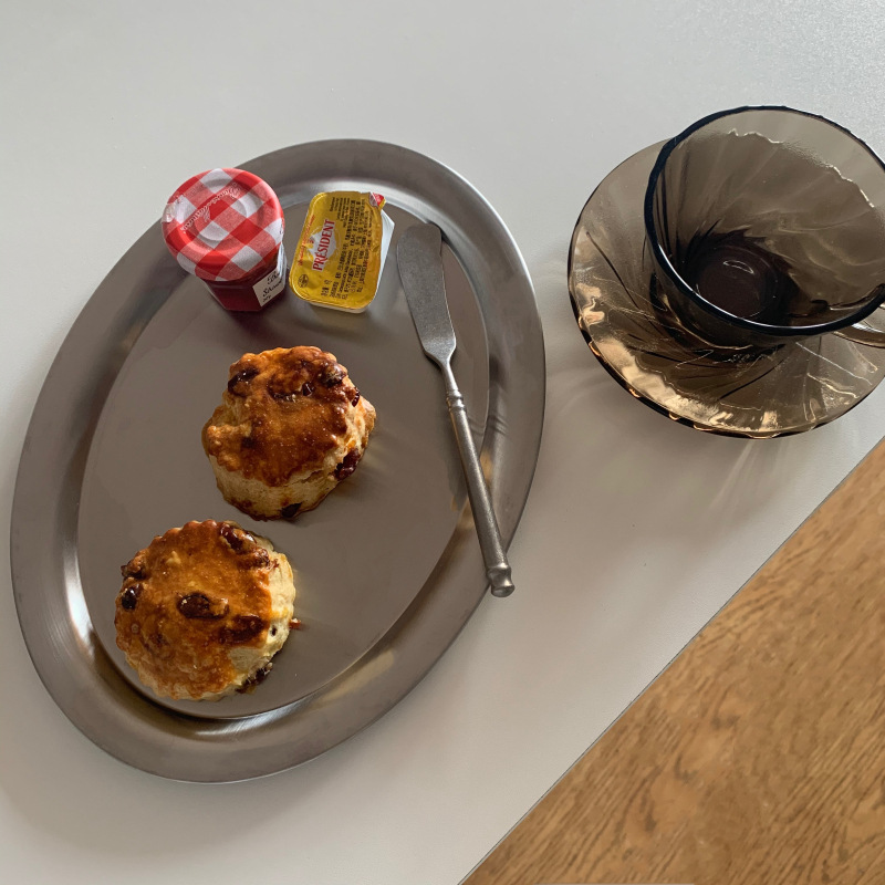 新款不鏽鋼304砂光加厚橢圓形酒店ins歐美咖啡店早餐托盤食物餐碟