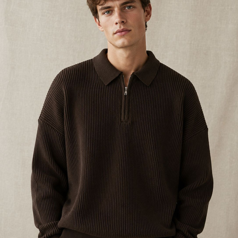 Men's Half-Zip Turn-Down Collar Knit Sweater, New Autumn/Winter Loose Ribbed Long-Sleeve Casual Knitwear for Men Men's Half-Zip Turn-Down Collar Knit Sweater, New Autumn/Winter Loose Ribbed Long-Sleeve Casual Knitwear for Men