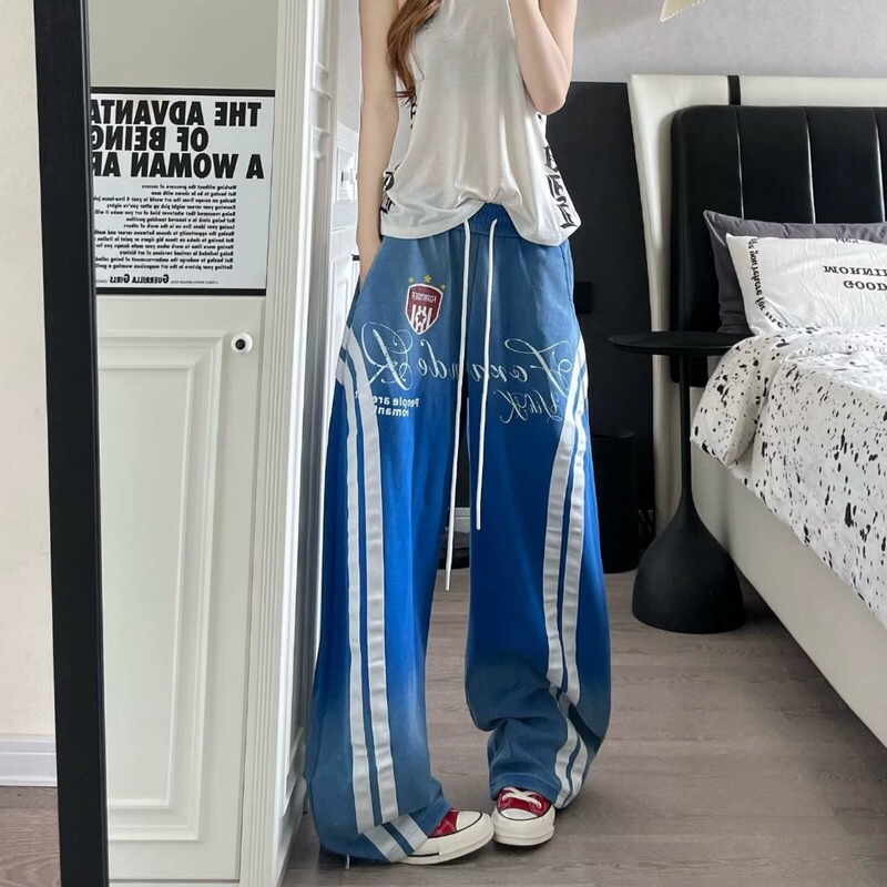 American High Street Retro Embroidered Striped Wide-Leg Casual Pants for Women, Summer Loose Fit, Slimming, Versatile, Floor-Length Sports Sweatpants