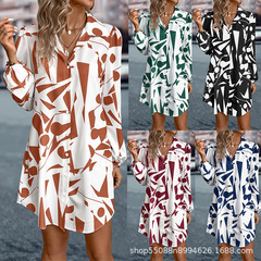 2023新款春季跨境歐美女裝亞馬遜獨立站翻領燈籠袖印花連衣裙