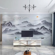 3d新中式电视背景墙集成墙板客厅沙发仿岩板水墨山水画卧室护墙板