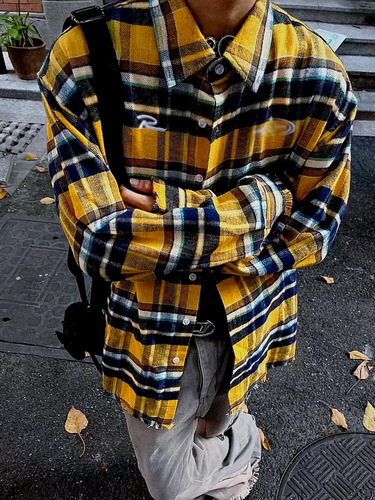 American Retro Color Blocking Plaids Long-Sleeve Striped Shirt for Men and Women Loose Casual Trend Brand Couple Fringe Shirt with Embroidery