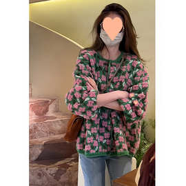 法式独特别致上衣超好看减龄漂亮洋气小衫花朵针织开衫外套女秋季