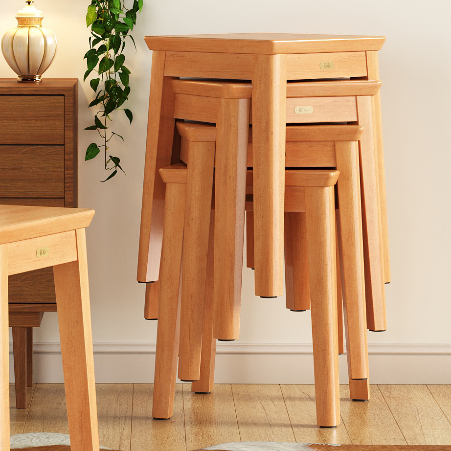 Solid wood stool for home entrance, lightweight luxury, stackable dining chair, low stool for living room, high board stool, round stool, creative square stool