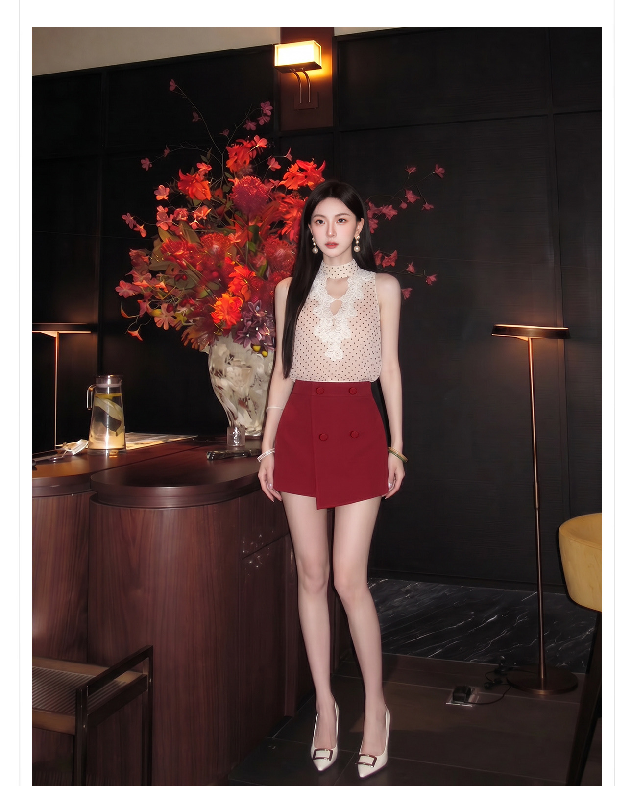 Bộ áo vest và chân váy ngắn họa tiết chấm bi phong cách tân cổ điển mùa hè — Trang phục [Vest+Half Dress], nửa váy, Trang phục [Áo vest+quần short], quần đùi chi tiết 7
