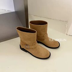TLEMIKELIN 韩版皮带扣圆头低跟套筒马丁靴女绒面百搭西部牛仔靴