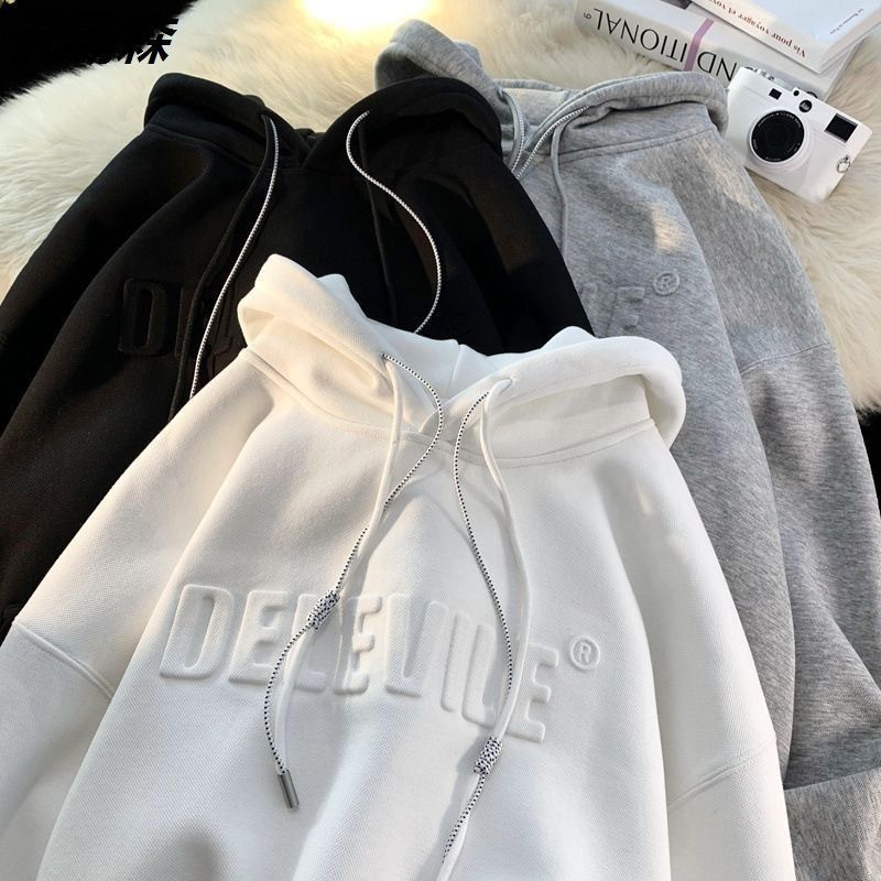 【Couple's Hoodies】Winter Fleece-Lined Thick Embossed High-Street Heavyweight Unisex Long-Sleeve Hooded Sweatshirt Jacket