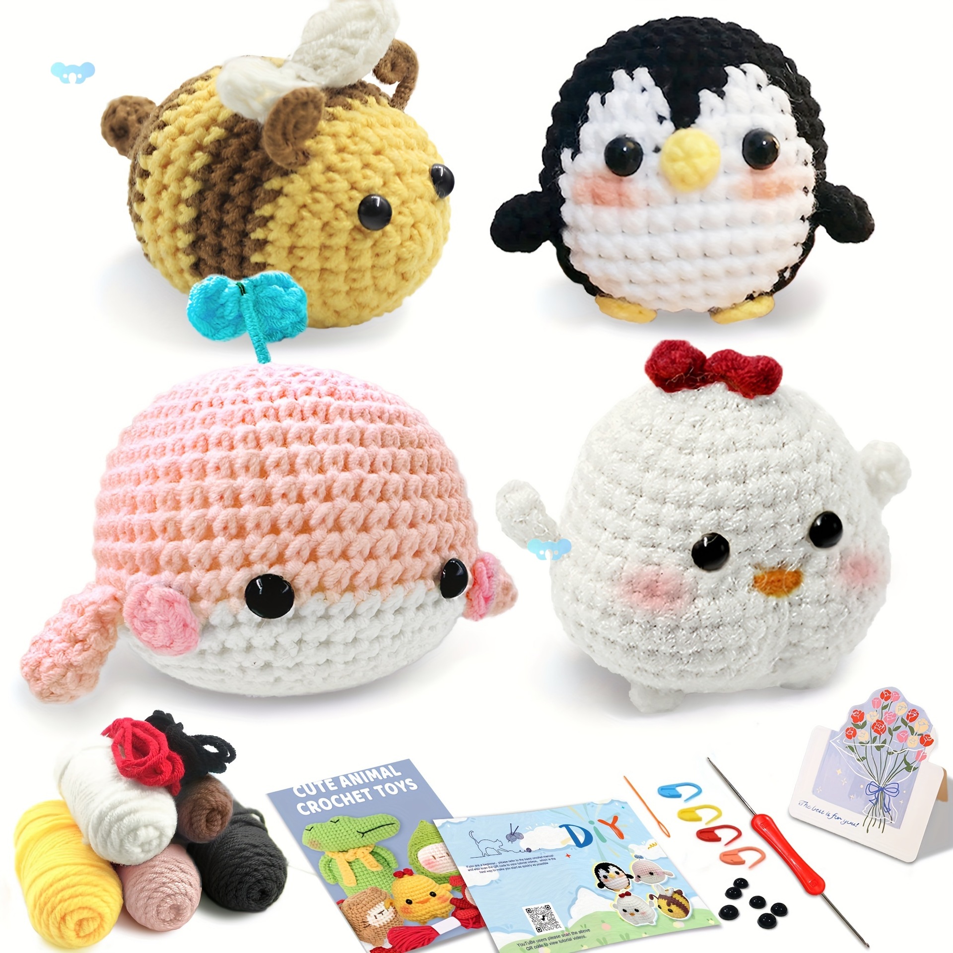 Crochet Kit for Beginners 4pcs Whale Chick Penguin Bee跨境