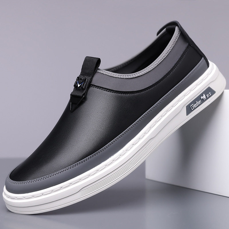 Giày sneaker nam cổ thấp dáng giày ván, mũi tròn, dây buộc, mặt da mềm — GX367 màu trắng, GX367 màu đen