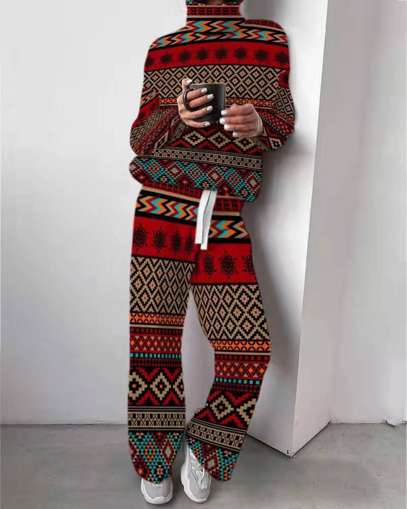 Abbigliamento da donna, nuova moda, stampa, pantaloni larghi a collo alto, completo due pezzi_voghion.com