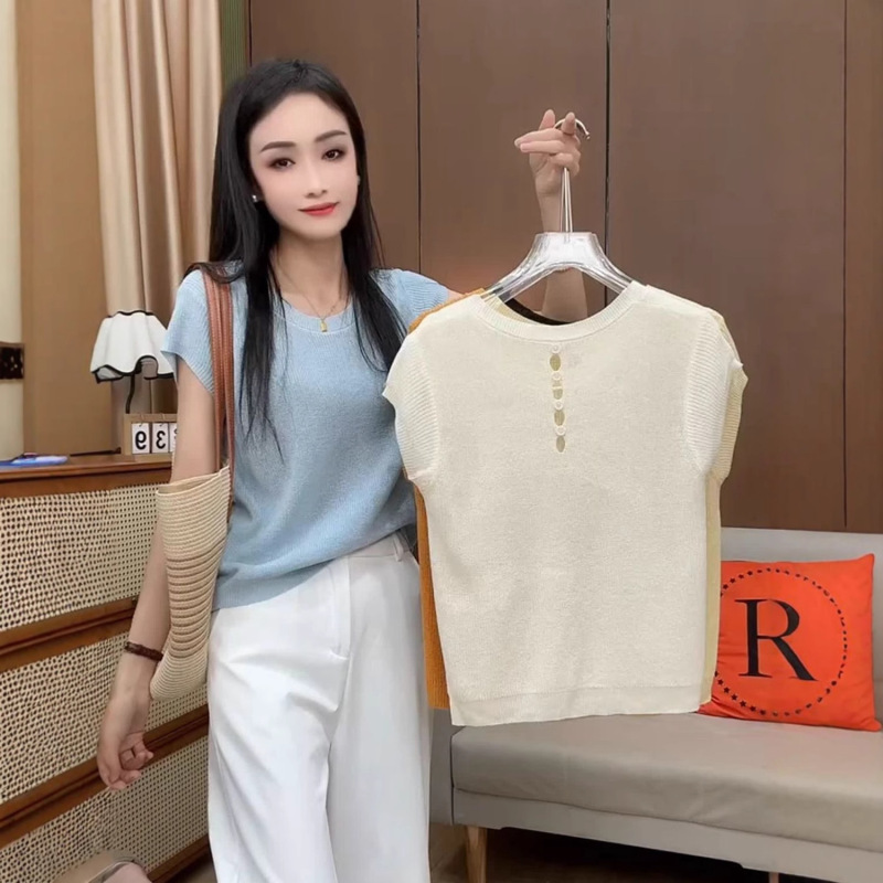 设计感后背镂空短袖针织衫女2025夏季新款洋气减龄别致上衣潮女装|undefined