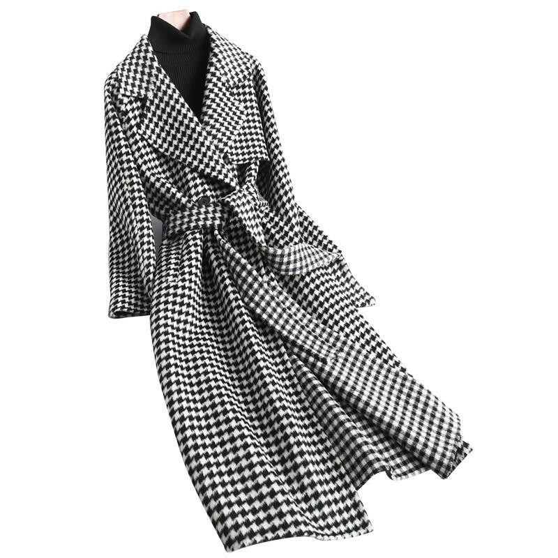 Women's Clothing mid length temperament windbreaker houndstooth autumn and winter coat loose casual retro Overcoat_voghion.com